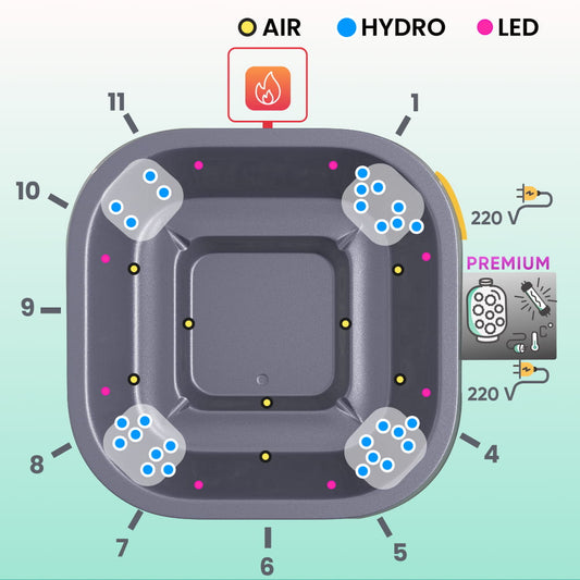Outdoor view of square wood fired hot tub with light ThermoWood cladding, external stainless steel heater, and wooden steps