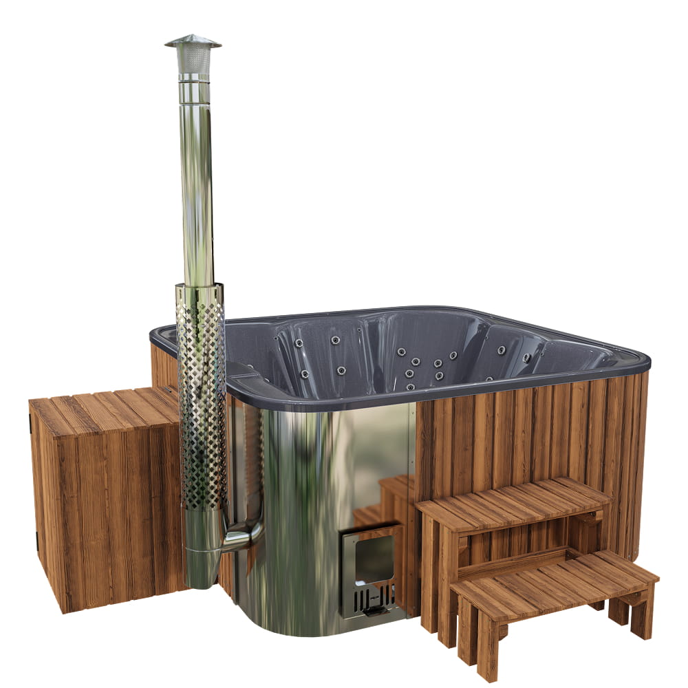 Square hot tub with hydro jets, and wooden benches on a white backgroundilter box, stairs