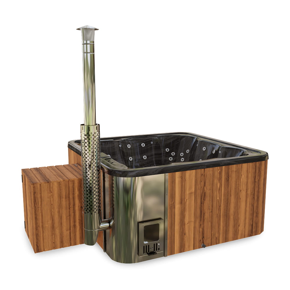 Premium Square Wood-Fired Hot Tub with 34 Hydro Jets & Reclining Lounger – Seats 6