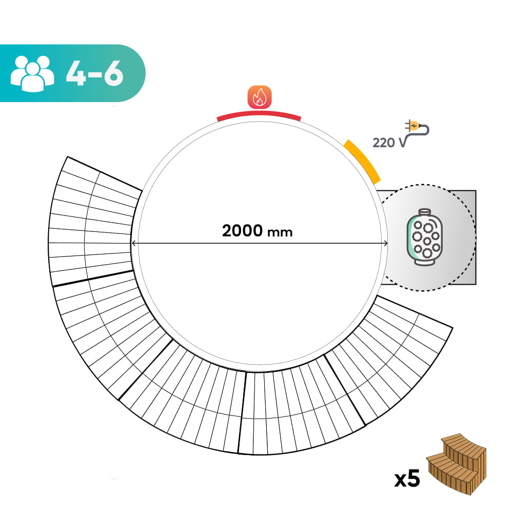 Top-down view of empty cream round hot tub shell with contoured seating and textured bottom surface