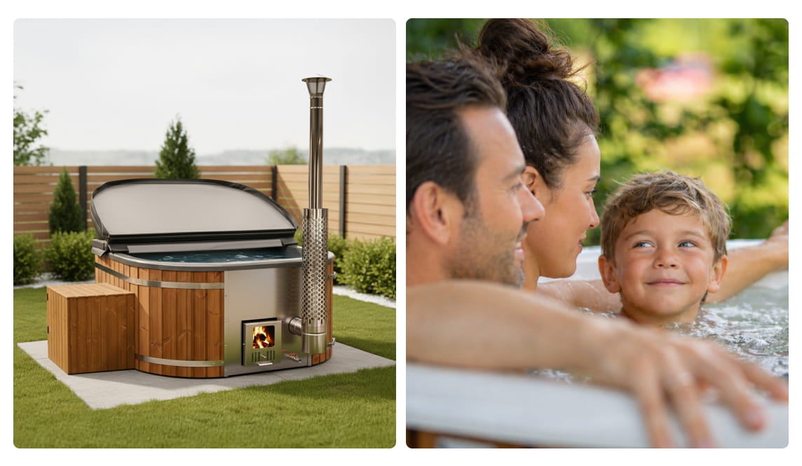 Hot Tub auf dem Rasen im Außenbereich mit Familie im Wasser