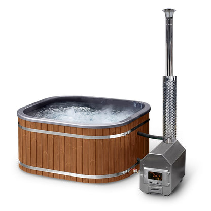 A square-shaped wood-fired hot tub with metallic colors, featuring an external heater and chimney