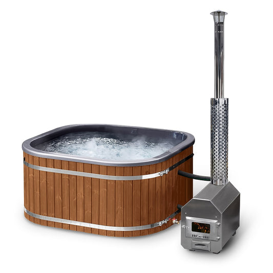 A square-shaped wood-fired hot tub with metallic colors, featuring an external heater and chimney