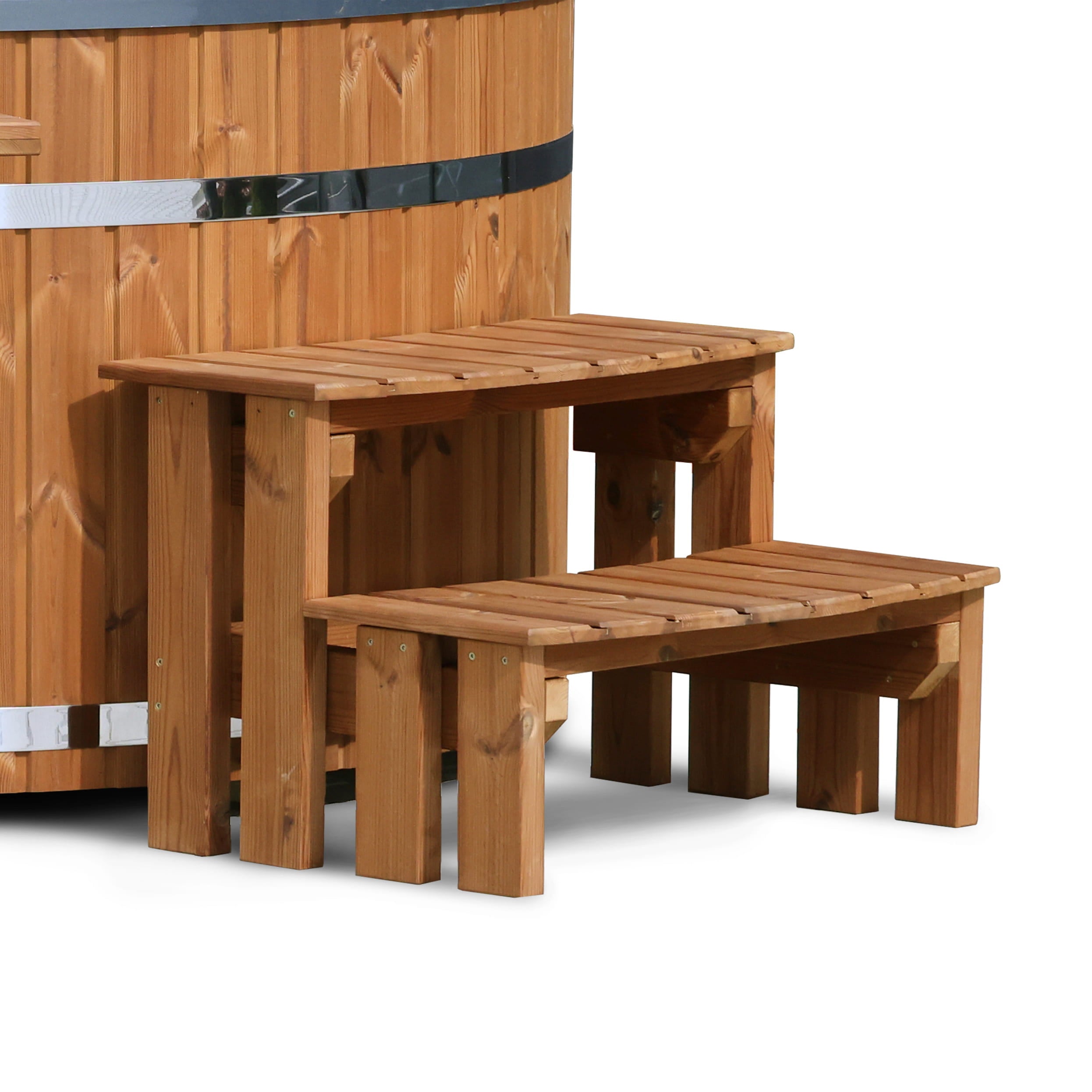 Outdoor view of wood fired hot tub with dark interior, wooden steps, towel rack, and hexagonal sauna cabin nearby