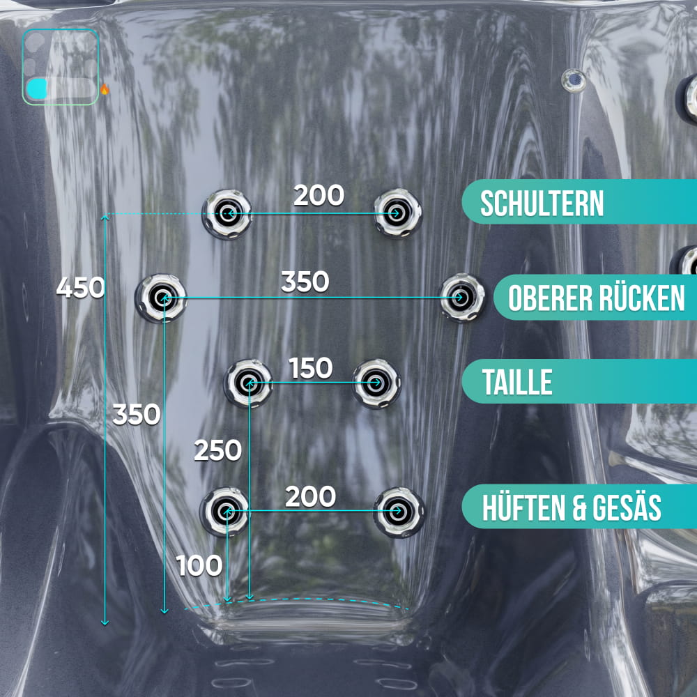 Anordnung der Sitzflächen des grauen Innenbehälters eines quadratischen Whirlpools mit einer Hydro-Düse, einschließlich Maßangaben