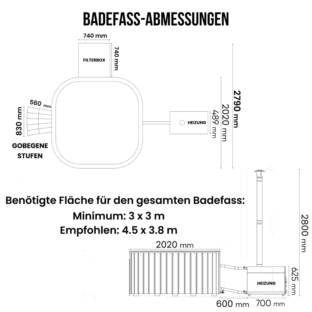 Technische Zeichnungen des quadratischen Hot tub  mit Filter – Abmessungen