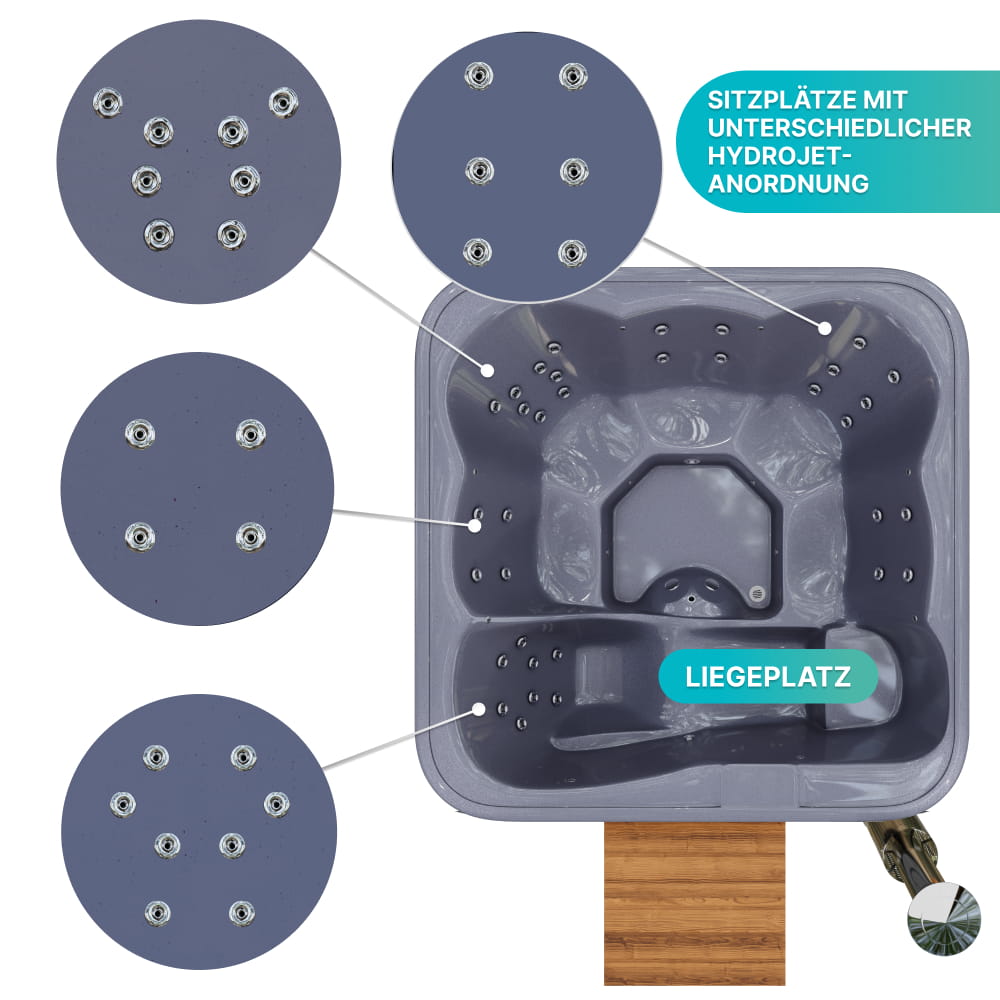 Top view of a hot tub with laying position with hydrojet placement labeled on a white background