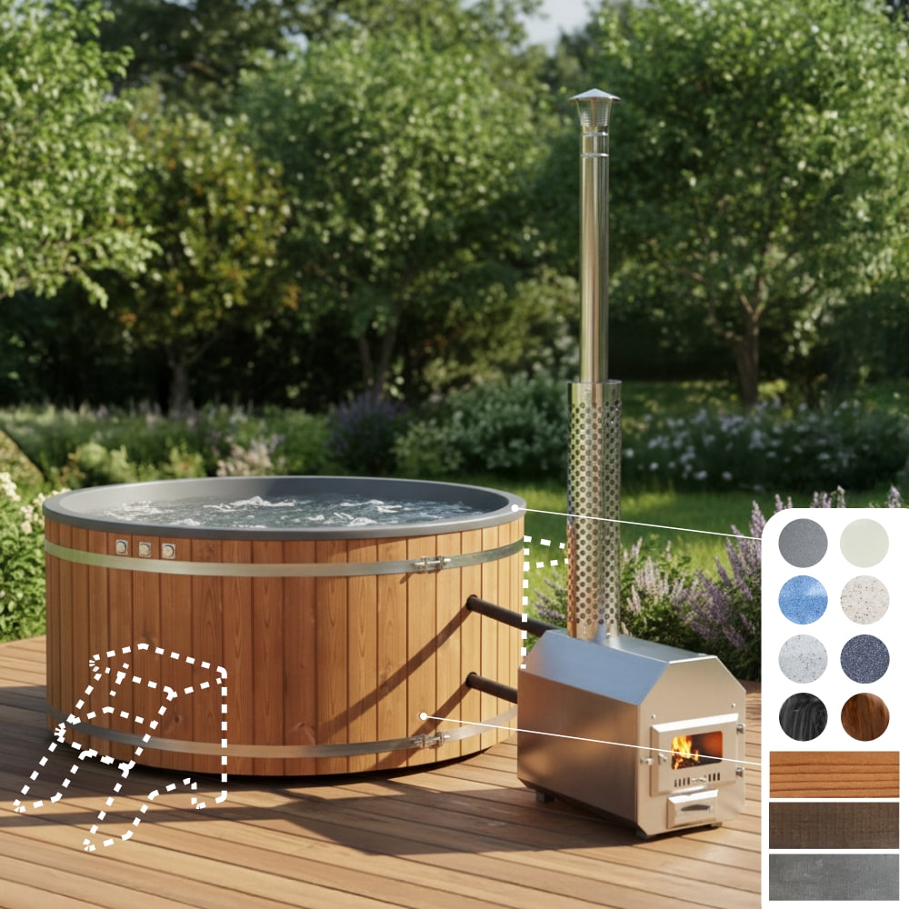 Runder Hot Tub für 6–8 Personen mit externem Edelstahlofen auf einer Holzterrasse