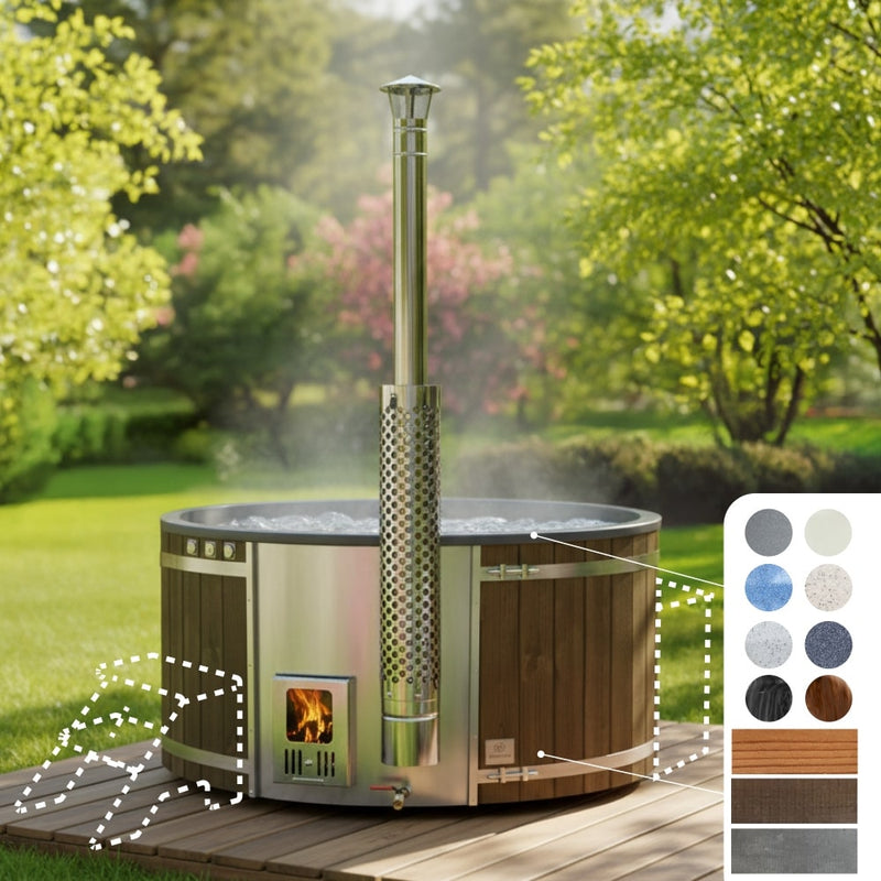 Outdoor view of wood fired hot tub with stainless steel stove, wooden panel exterior, and chimney in garden setting