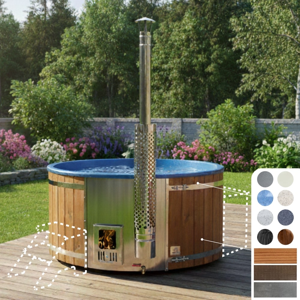 Konfigurierbarer Hot Tub für 4–6 Personen mit integriertem Edelstahlofen und ThermoWood-Verkleidung im Außenbereich