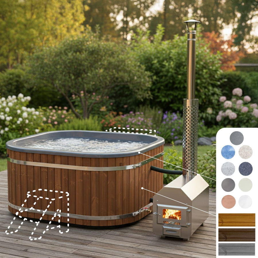 Quadratischer Hot Tub für 6–8 Personen mit externem Edelstahlofen und ThermoWood-Verkleidung im Garten