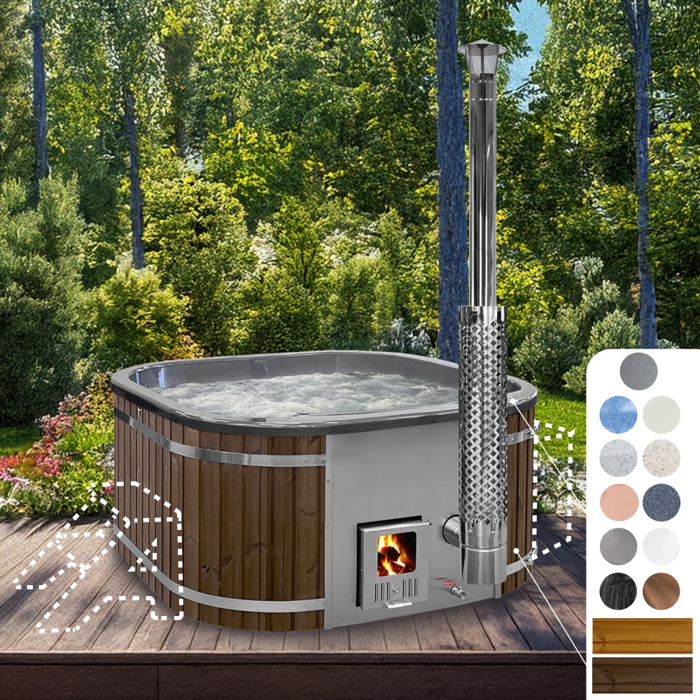 Konfigurierbarer quadratischer Hot Tub für 4–6 Personen mit integriertem Edelstahlofen und ThermoWood-Verkleidung in einer Outdoor-Waldumgebung