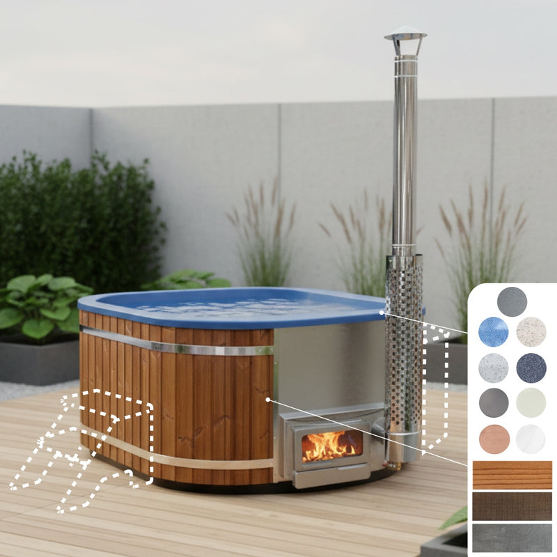 Configurable square shape hot tub with horizon heater in the terrace.