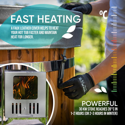 Person adjusting a hot tub cover with text on fast heating and power.