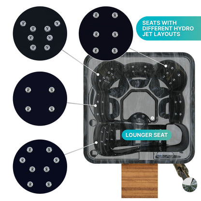 Premium Square Wood-Fired Hot Tub with 34 Hydro Jets & Reclining Lounger – Seats 6