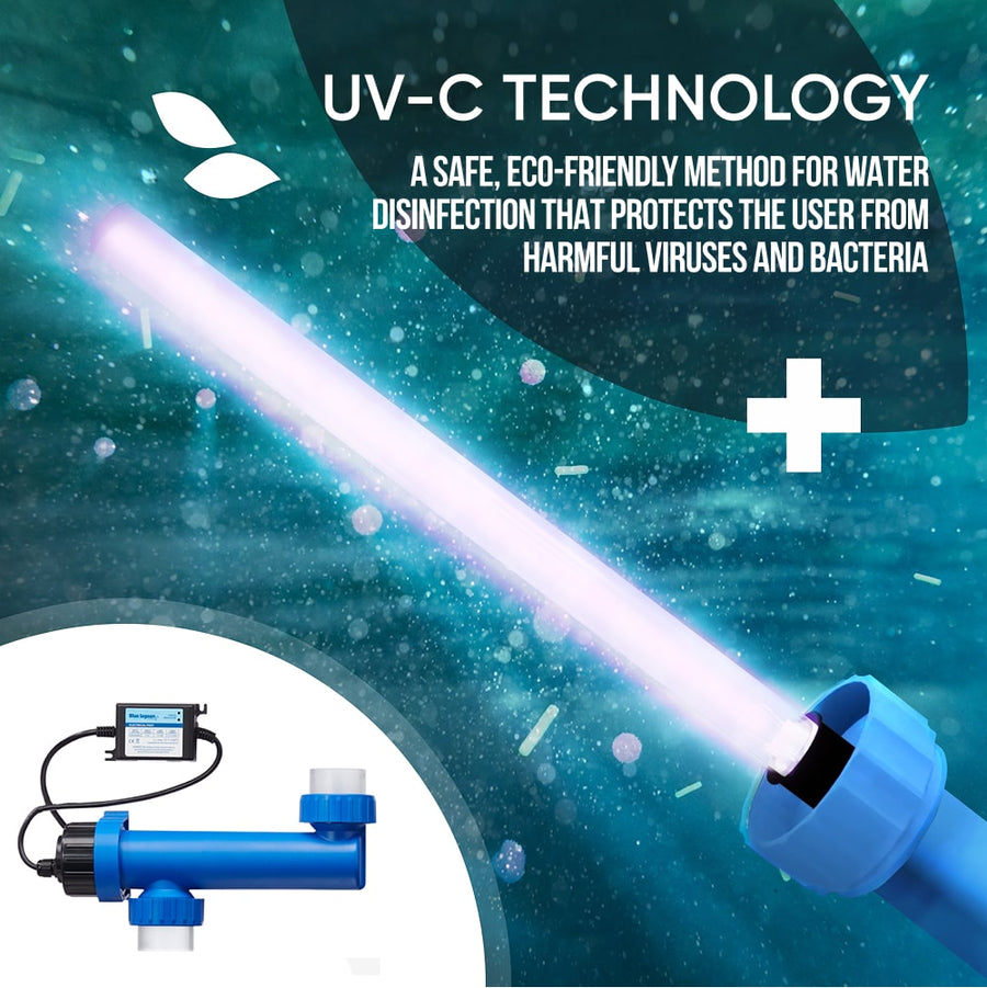 Nahaufnahme der UV-C-Wasserdesinfektionstechnologie, die Licht aussendet, um schädliche Viren und Bakterien zu eliminieren.
