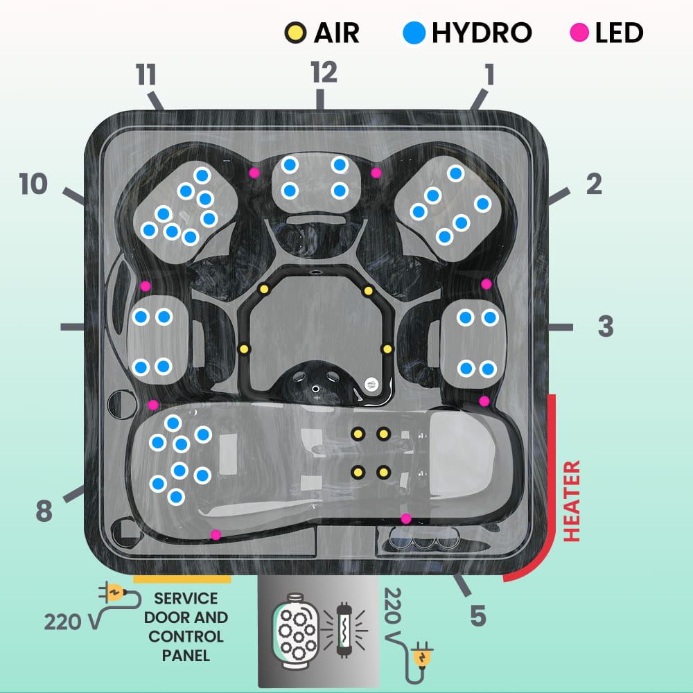 Premium Square Wood-Fired Hot Tub with 34 Hydro Jets & Reclining Lounger – Seats 6