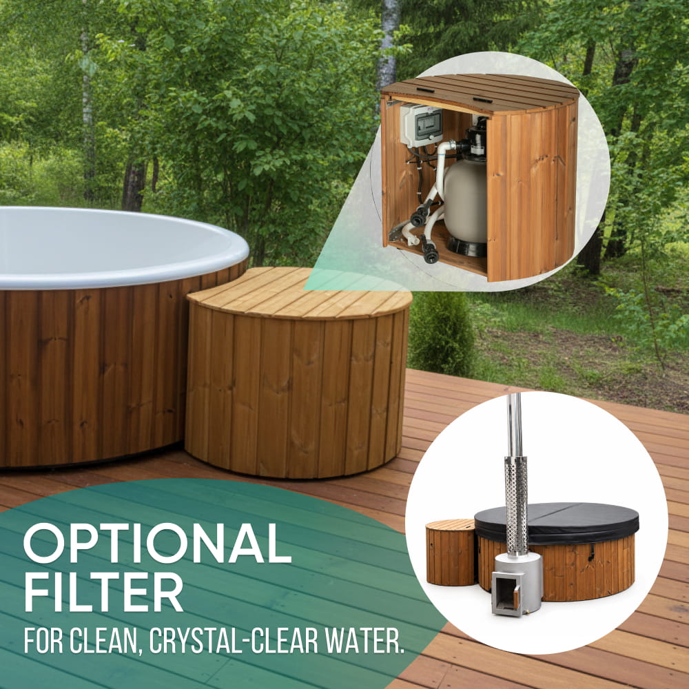 Flat Bottom Wood-Fired Hot Tub with Hydro Jets and LEDs for 4-6 people