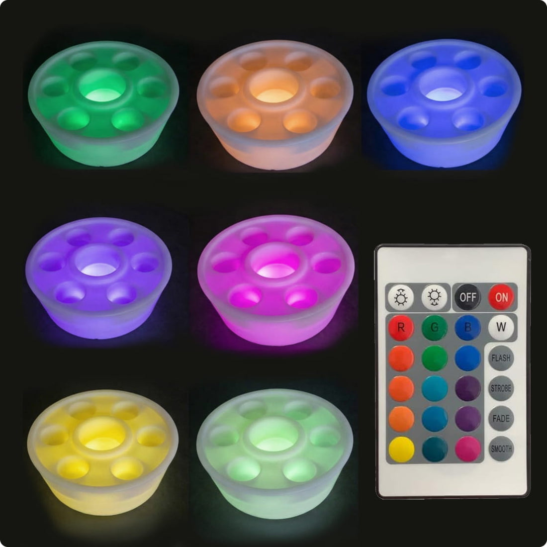 Set of colorful LED lights in floating Bar with a remote control on a black background