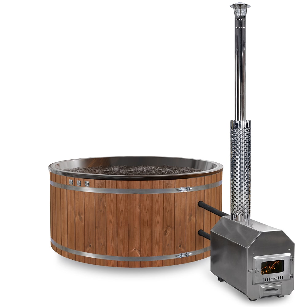 A round hot tub with thermoWood cladding and an external stainless steel heater with a chimney flue.