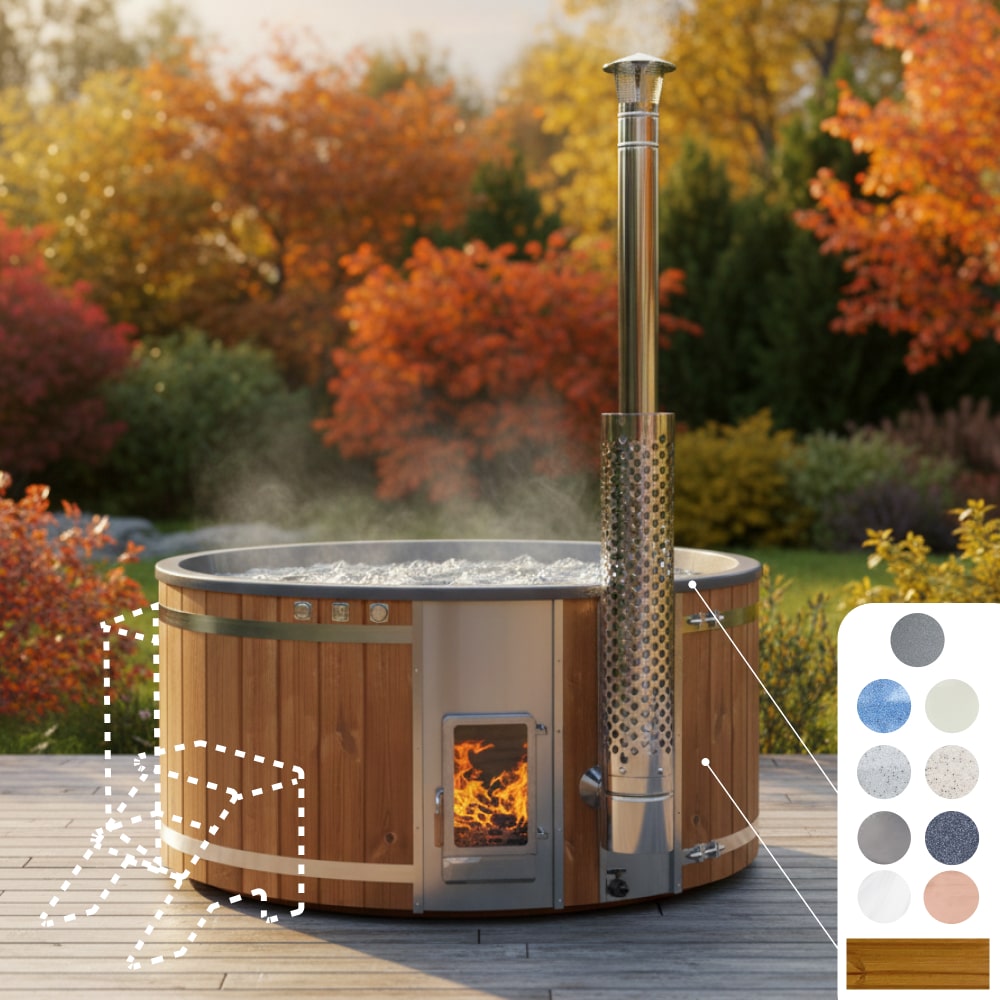 Runder Hot Tub für 4–6 Personen mit integriertem Verta-Ofen im Garten mit herbstlicher Kulisse