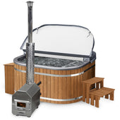 Wooden hot tub with bubbling water, open cover, attached wood-burning stove, and wooden steps on white background.