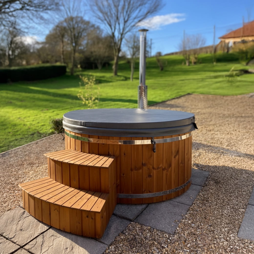 Wooden hot tub with cover and wide steps in a garden setting