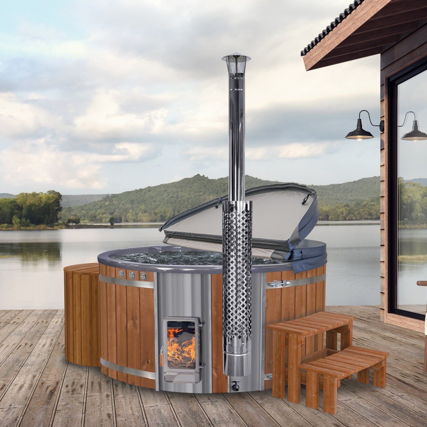 Wood-fired hot tub with wooden stairs on a white background