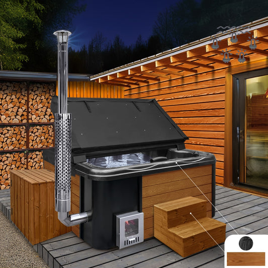 A premium lounge hot tub with a marble black acrylic insert, integrated AISI 304 stainless steel chimney, and surrounded by wooden deck and storage area. It's equipped with massage systems and underwater LED lights.