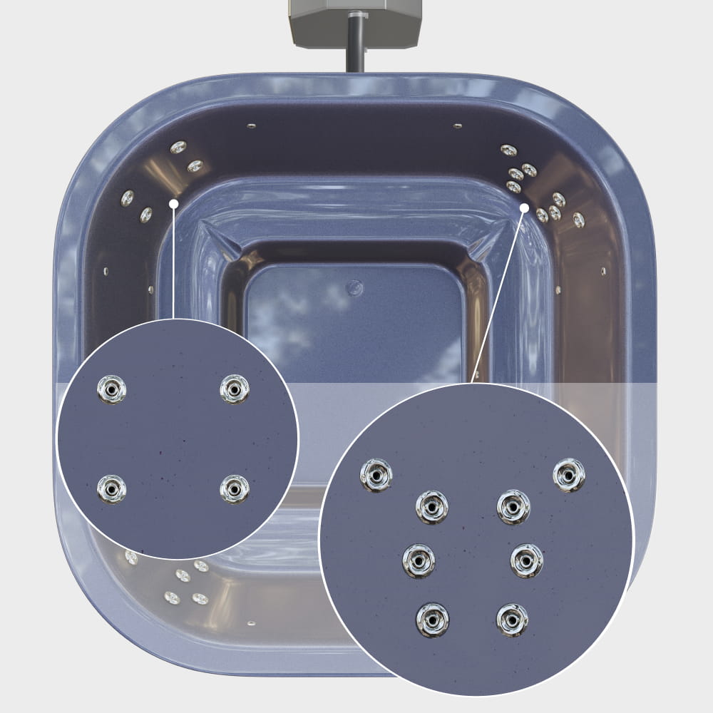 A closer view of the hydro jets in the corners of the gray square insert—8 jets on the right and 4 on the left
