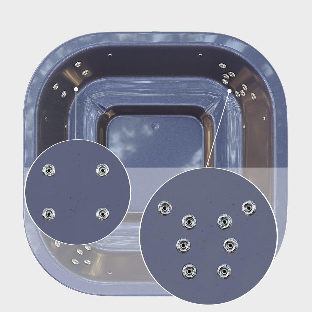 A closer view of the hydro jets in the corners of the gray square insert—8 jets on the right and 4 on the left