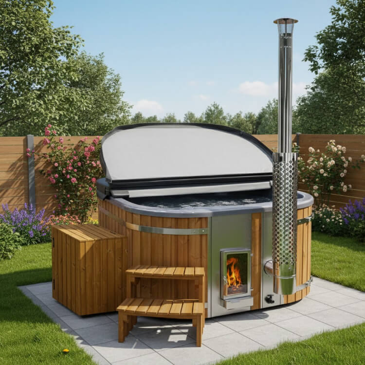 Wooden hot tub with a fire pit feature in a garden setting