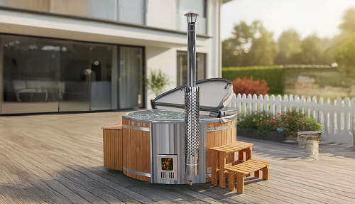 Hot Tub im Außenbereich mit Holzverkleidung auf einer Terrasse, mit modernem Haus und Garten im Hintergrund