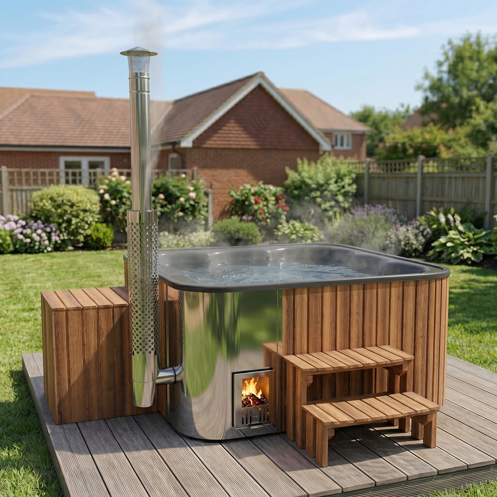 Quadratischer Hot Tub auf einer Terrasse im Garten mit Feuerstelle