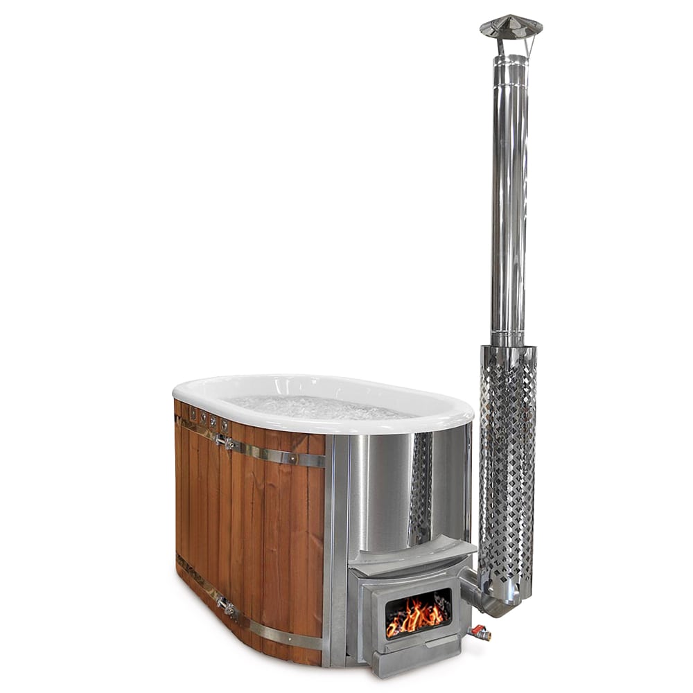 An ofuro hot tub with a wooden exterior, stainless steel integrated heater, and a visible chimney flue.