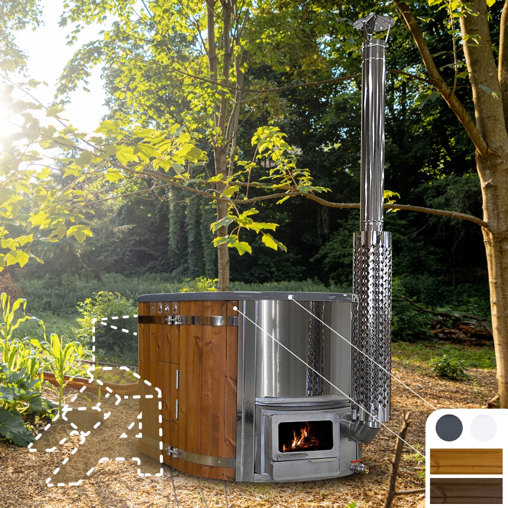 An ofuro hot tub with a wooden exterior, stainless steel integrated heater, and a visible chimney flue.