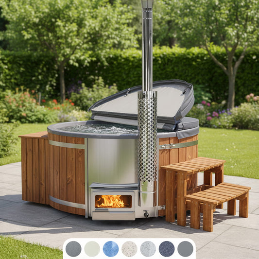 Runder Hot Tub mit Horizon-Ofen, Holzverkleidung und Terrasse im Garten