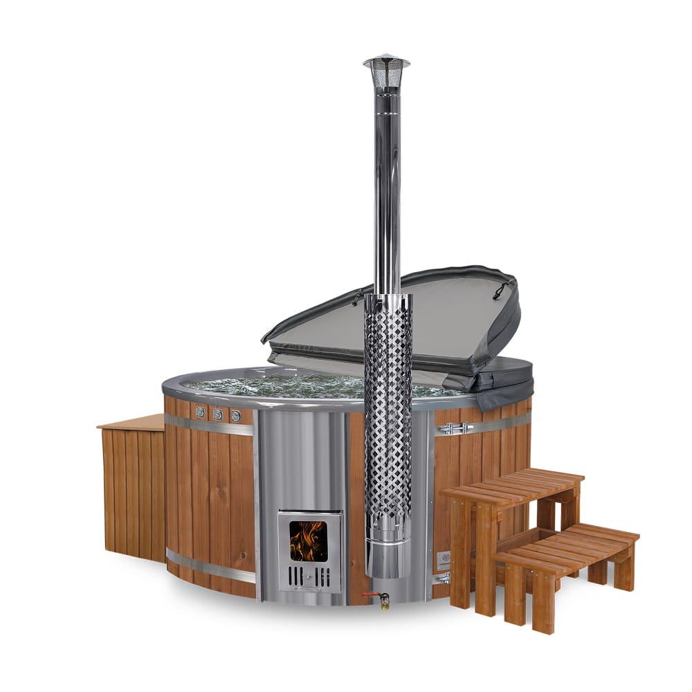 Hot tub with wood-fired stove and wooden steps on a white background