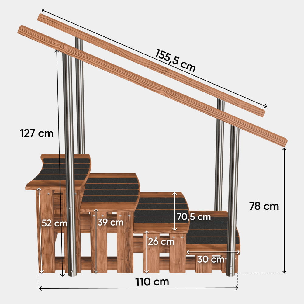 Premium-Treppe hot tub mit Handlauf, abgebildet mit folgenden Maßen: 13 cm Stufenhöhe, 127 cm Handlaufhöhe und 155,5 cm Handlauflänge