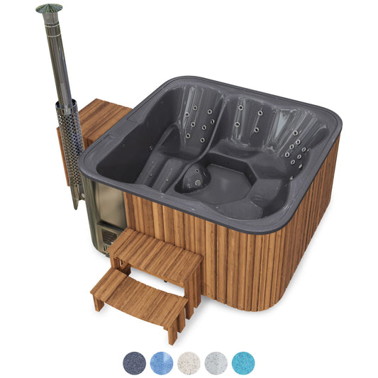 Produktansicht eines quadratischen Hot Tubs mit Hydro-Massage, ThermoWood-Verkleidung, Liegeplatz und 34 Hydro-Massagedüsen