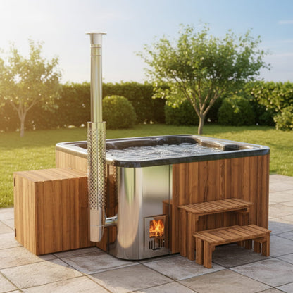 Premium Square Wood-Fired Hot Tub with 34 Hydro Jets & Reclining Lounger – Seats 6