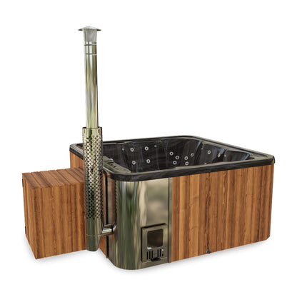 Premium Square Wood-Fired Hot Tub with 34 Hydro Jets & Reclining Lounger – Seats 6