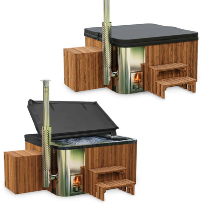 Premium Square Wood-Fired Hot Tub with 34 Hydro Jets & Reclining Lounger – Seats 6