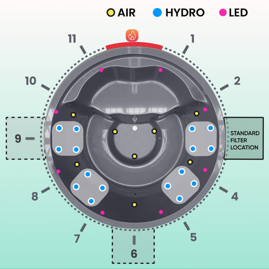 Outdoor view of wood fired hot tub with stainless steel integrated stove, wooden steps, and open grey cover