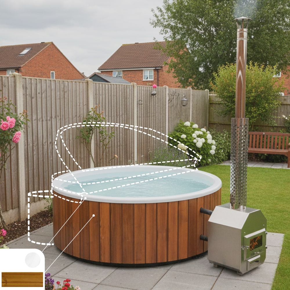 Runder Hot Tub im Außenbereich mit integriertem Edelstahlofen und Holzverkleidung im Garten