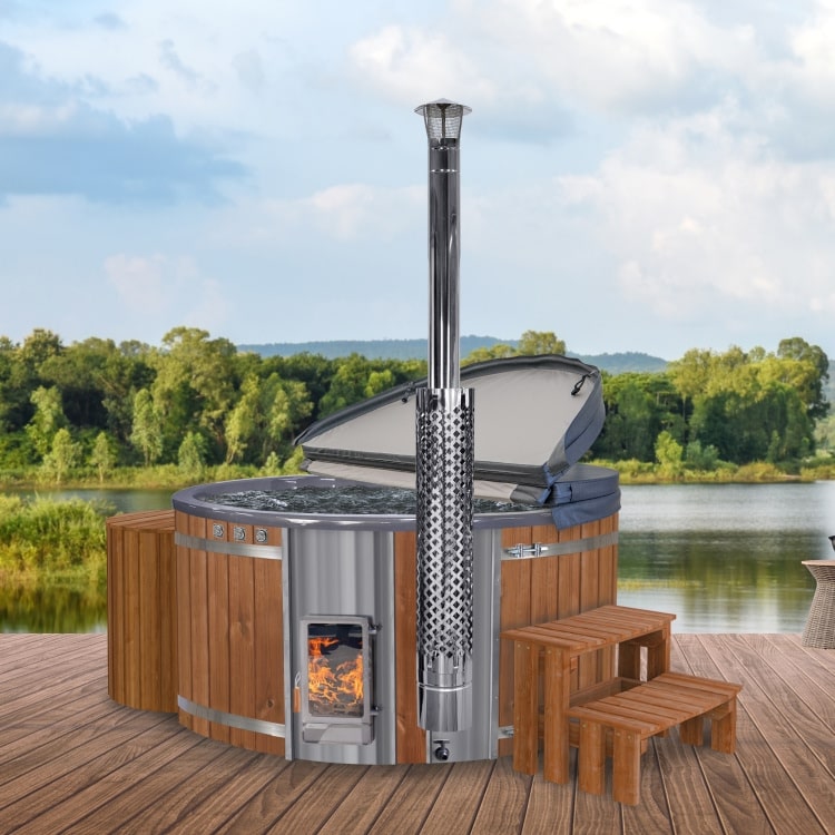 Wood-fired hot tub with wooden stairs on a white background