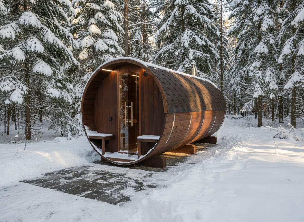 Showcasing the inside of a wooden barrel sauna.