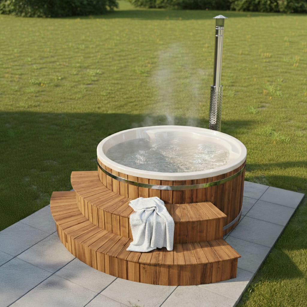 Outdoor view of wood fired hot tub with dark interior, wooden steps, towel rack, and hexagonal sauna cabin nearby