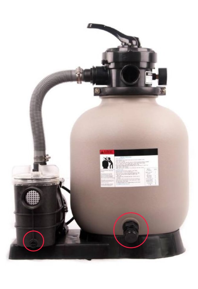 Hot tub sand filtration system with pump, pre-filter, and bottom drain valve highlighted.