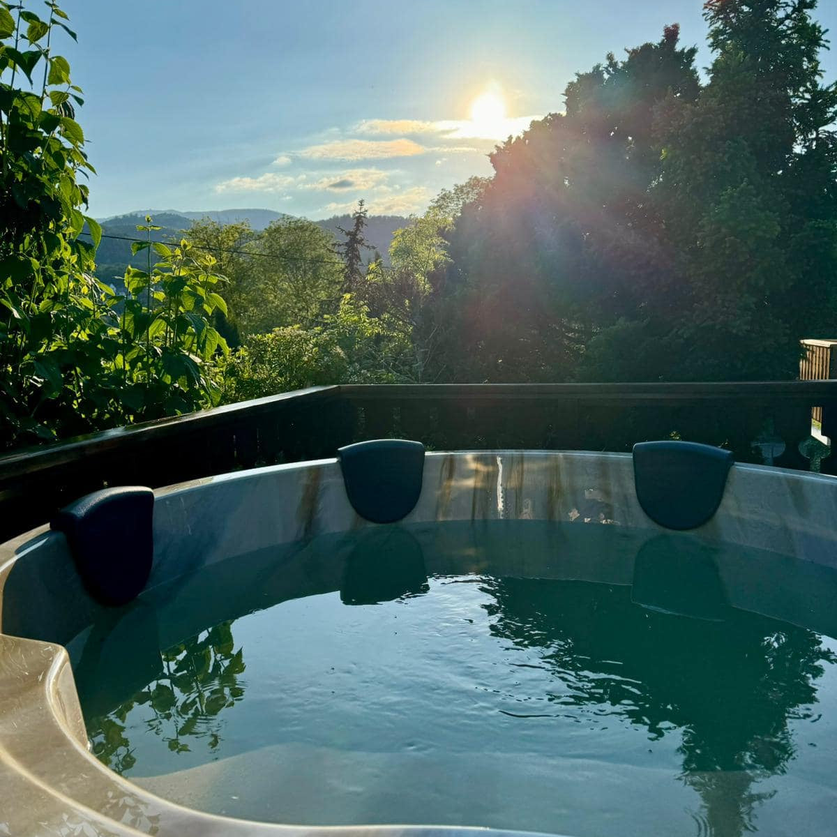 Gardenvity Kundenfoto eines Hot Tubs im Garten bei Sonnenuntergang